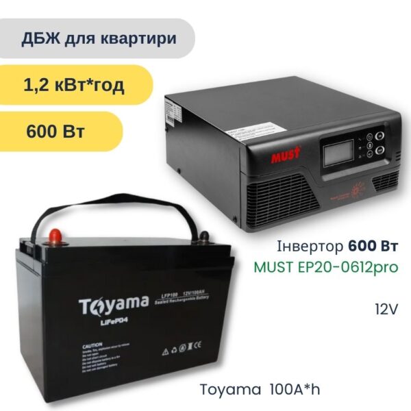 ДБЖ для квартири 1,2 кВт*год 600 Ват - на LiFePo4 Must + Toyama
