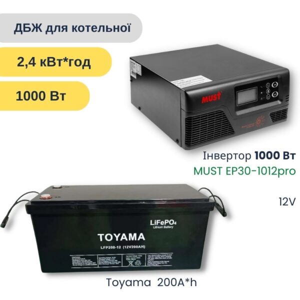 ДБЖ для котельної 2,4 кВт*год 1000 Ват - на Must + Toyama LiFePo4