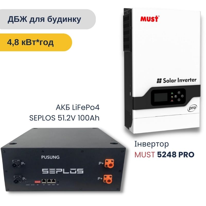 Комплект резервного живлення (ДБЖ) MUST - 5 кВт MPPT гібридний, 48В 100Ач