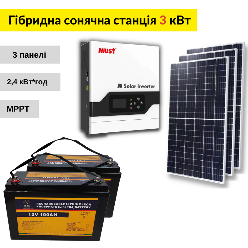 Комплект Гібридної СЕС з ДБЖ на Must - 3 кВт - 2,4 кВт*год АКБ 1,29
