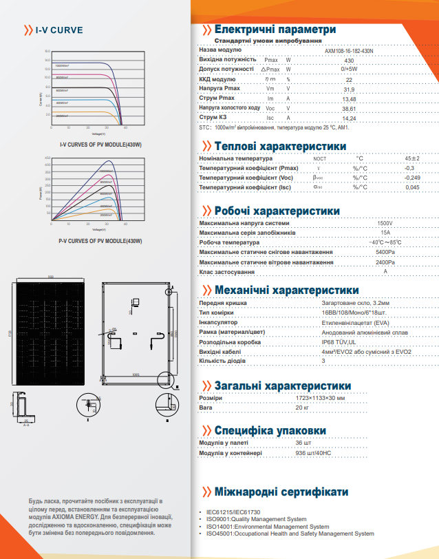 Сонячна батарея 430Вт моно, AXM108-16-182-430N, AXIOMA energy, MBB half cell