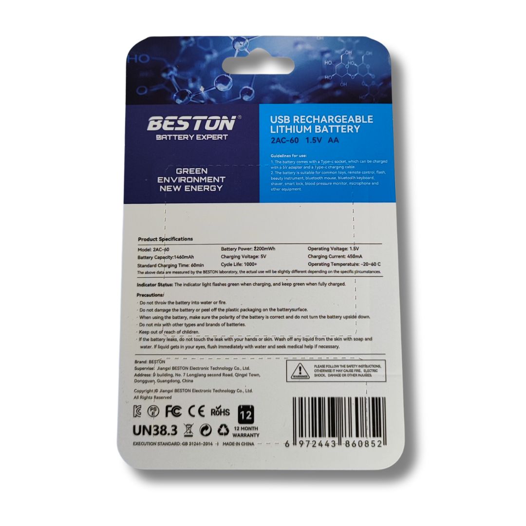 Аккумулятор Li-Ion АА з USB - 4шт. (1,5 В - 2200 мВт/год - BESTON)