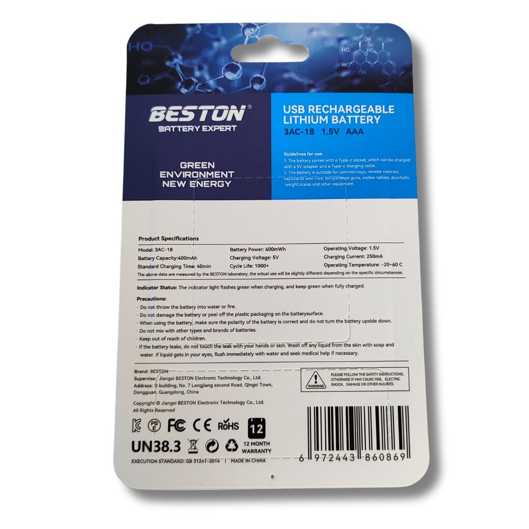 Аккумулятор Li-Ion ААА з USB - 4шт. (1,5 В - 600 мВт/год - BESTON)