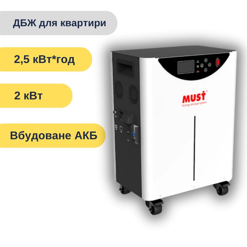 Система резервного живлення та зберігання енергії MUST PHB 2024 (2 кВт, 100Аг, 24В, LiFePO4)