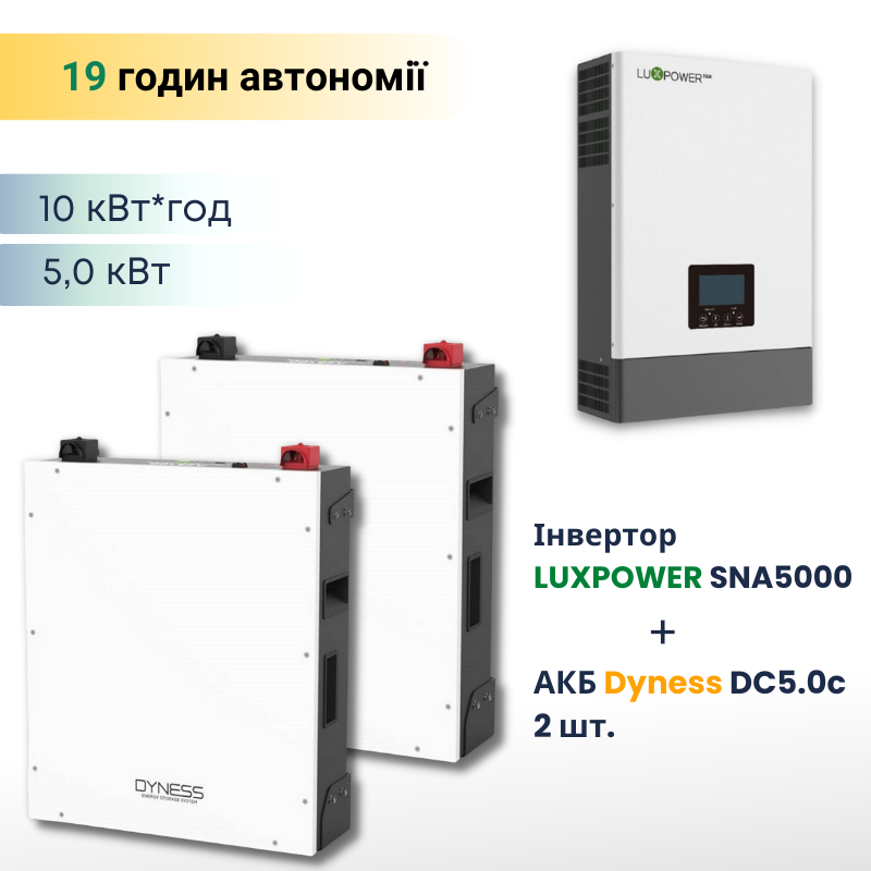 Комплект резервного живлення ДБЖ - 10,2 кВт*год - на LUXPOWER (SNA5000) + АКБ Dyness (DL5.0c - 2 шт.)