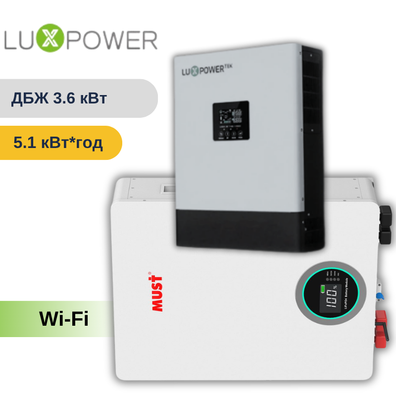 ДБЖ на 3.6 кВт 5,1 кВт*год - Luxpower GETA3.6 та АКБ MUST PL16-24200